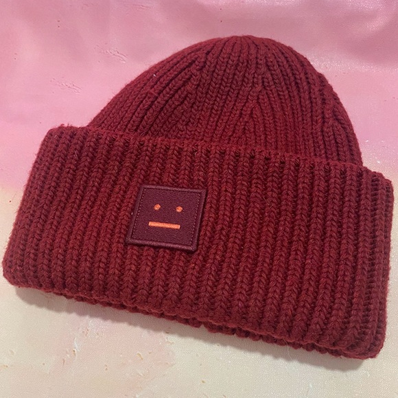Acne Studios Accessories - Burgundy Acne Studios Square Smiley Face Knit Hat